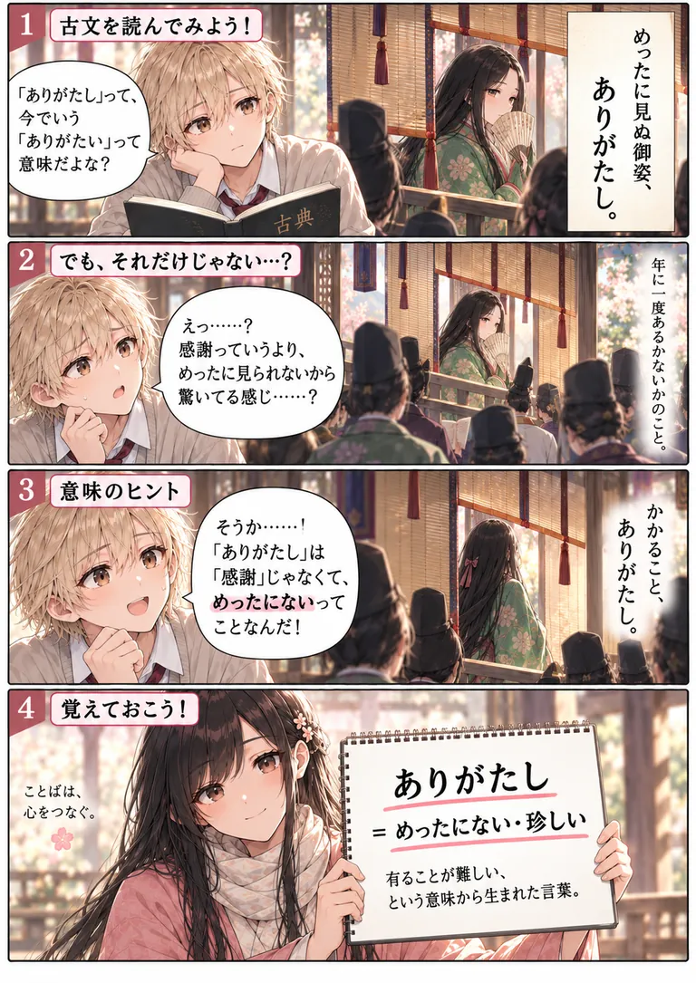 古文単語「ありがたし」の意味「めったにない・珍しい」を学ぶ4コマ漫画