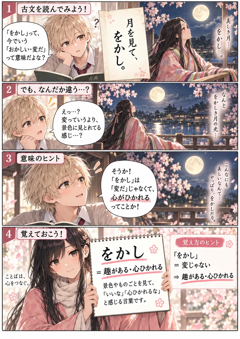 古文単語「をかし」の意味「趣がある・心ひかれる」を学ぶ4コマ漫画