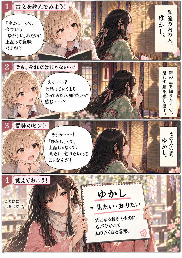 古文単語「ゆかし」の意味「見たい・知りたい」を学ぶ4コマ漫画